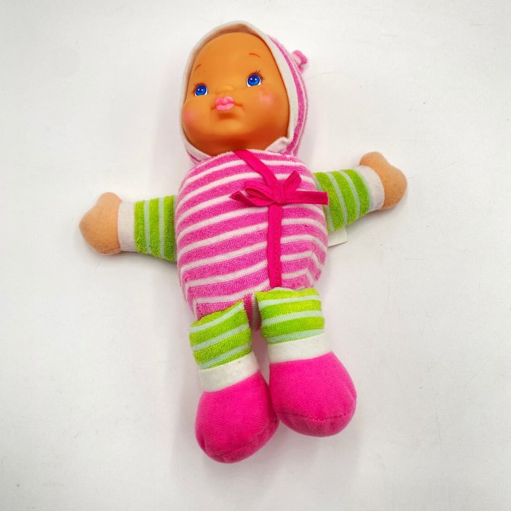 Vintage Goldberger Plumpee Baby Doll Pink White Striped Hooded Plush Rattle 10"